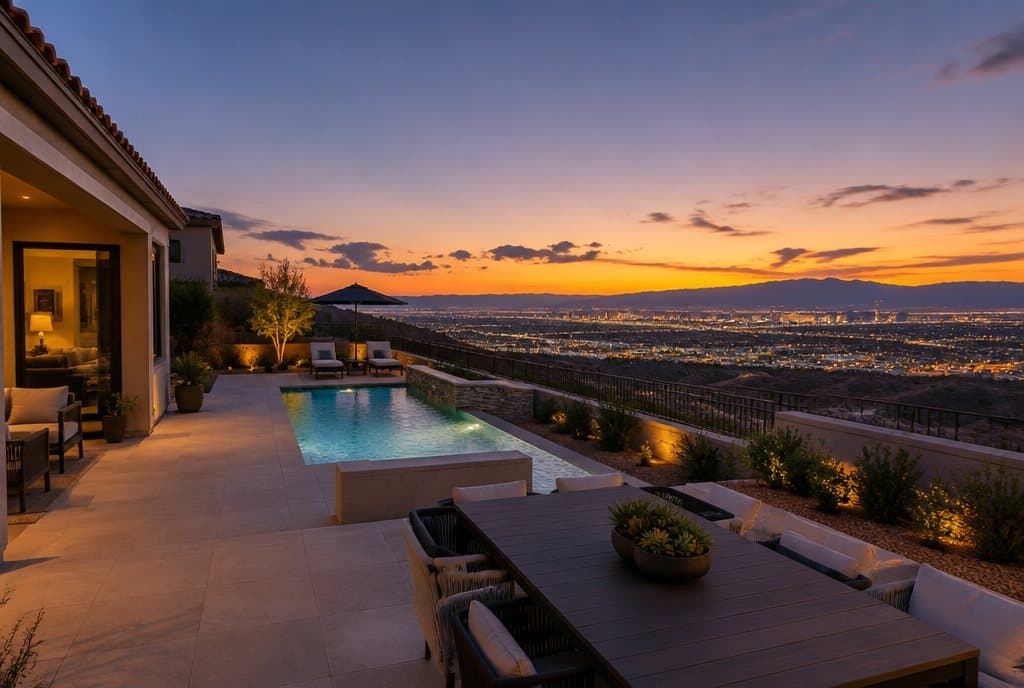 Hillside Anthem home in Henderson with a view over the Las Vegas valley at dusk