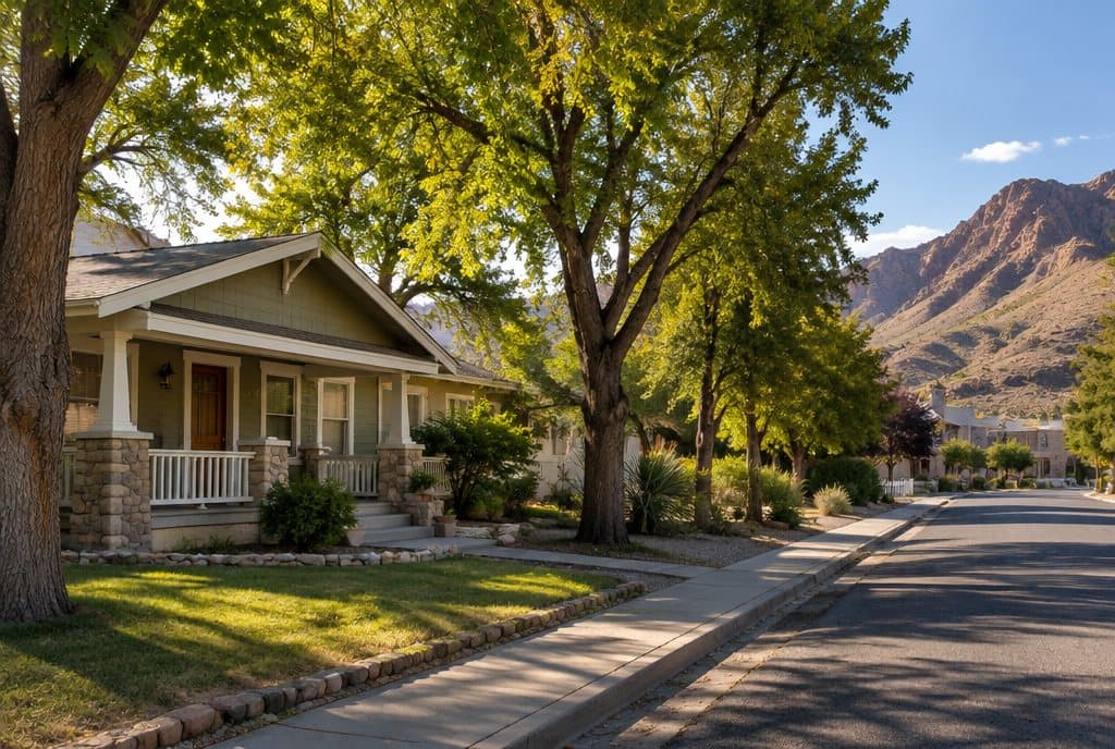 Tree-lined historic street in Boulder City, Nevada with a classic bungalow