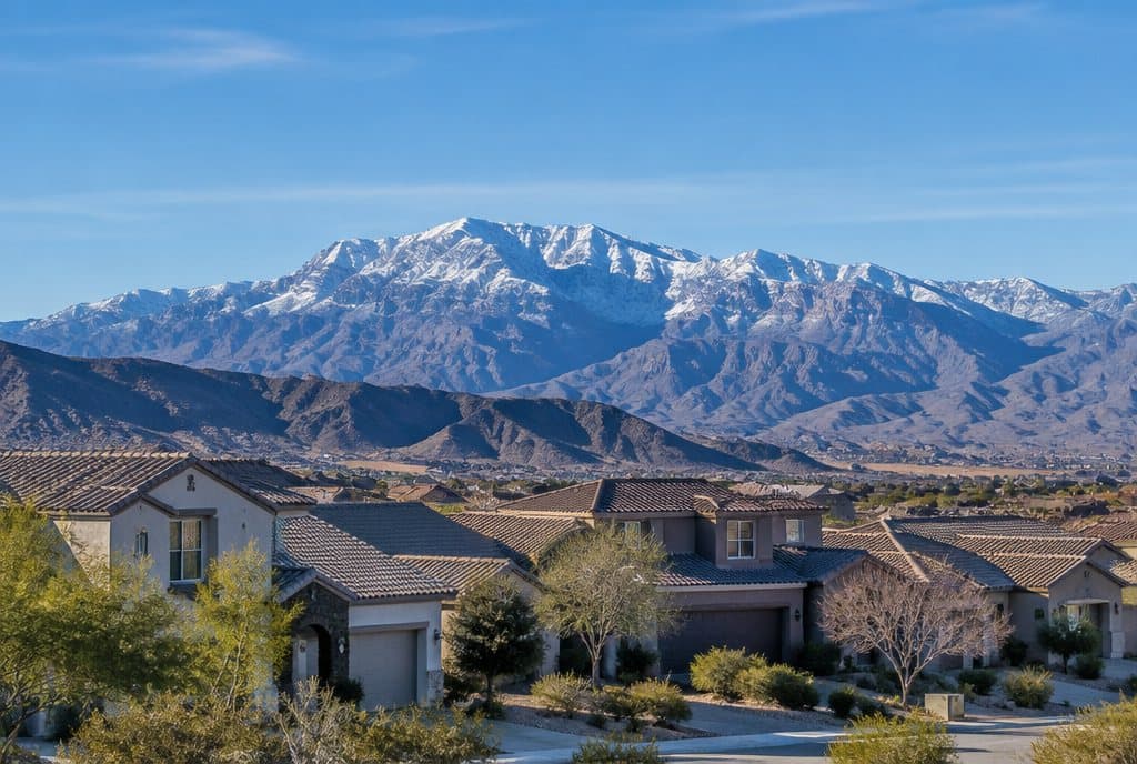 Centennial Hills homes with snow-capped Mount Charleston behind them