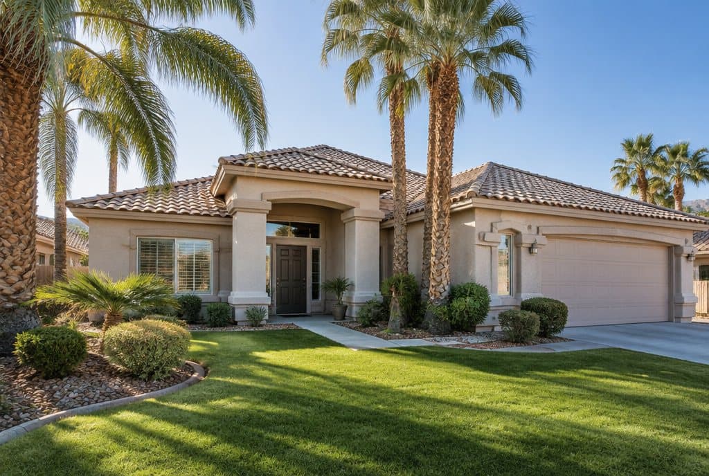 Established Green Valley Henderson home with mature palms and a green lawn