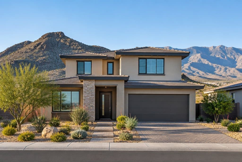 Modern stucco home in Henderson, Nevada with Black Mountain behind it