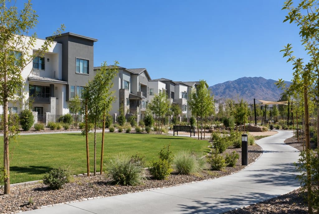 Contemporary townhomes and a neighborhood park in Inspirada, Henderson