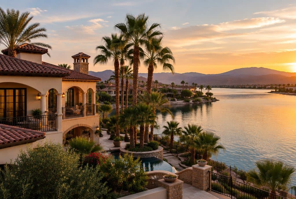 Mediterranean-style villa at Lake Las Vegas in Henderson at sunset