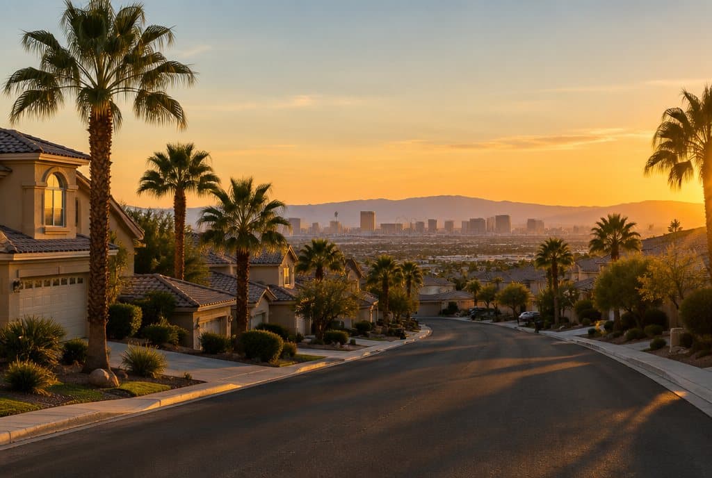 Las Vegas residential neighborhood at golden hour with the Strip skyline in the distance