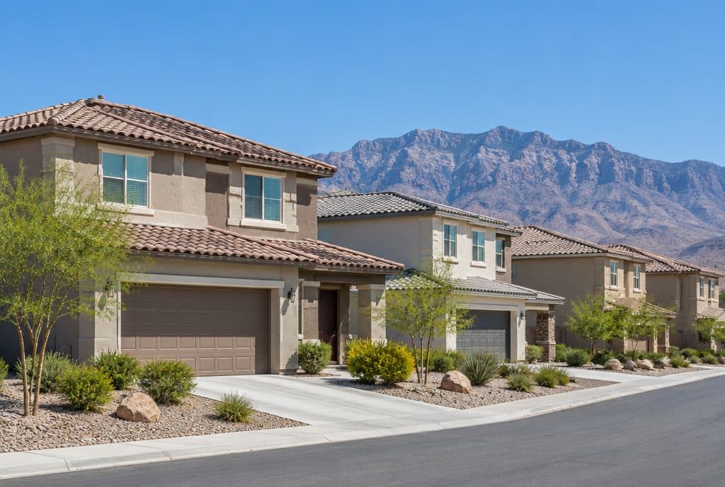 Two-story stucco family homes in North Las Vegas with the Sheep Mountains behind