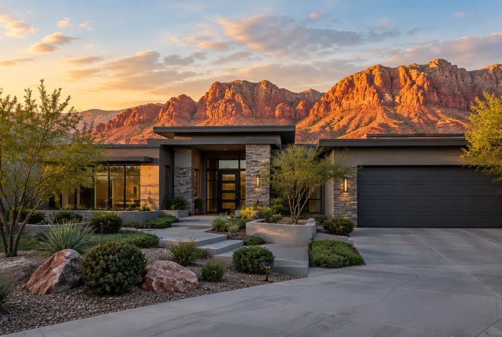 Modern Summerlin home with the red cliffs of Red Rock Canyon behind it