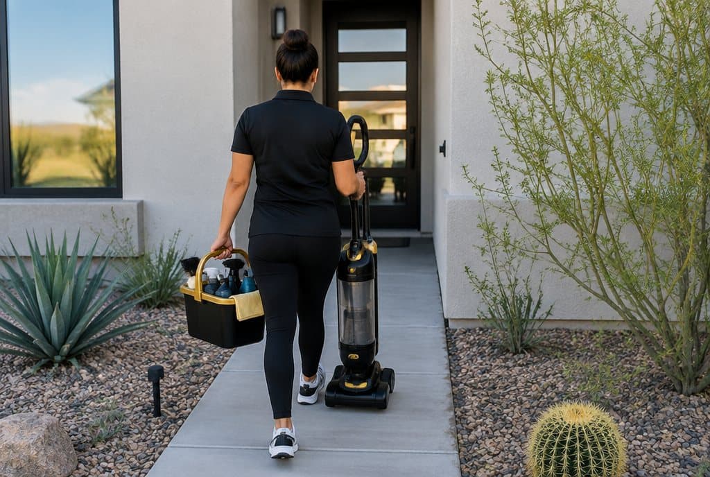 A residential cleaner walking up to a Las Vegas home with supplies