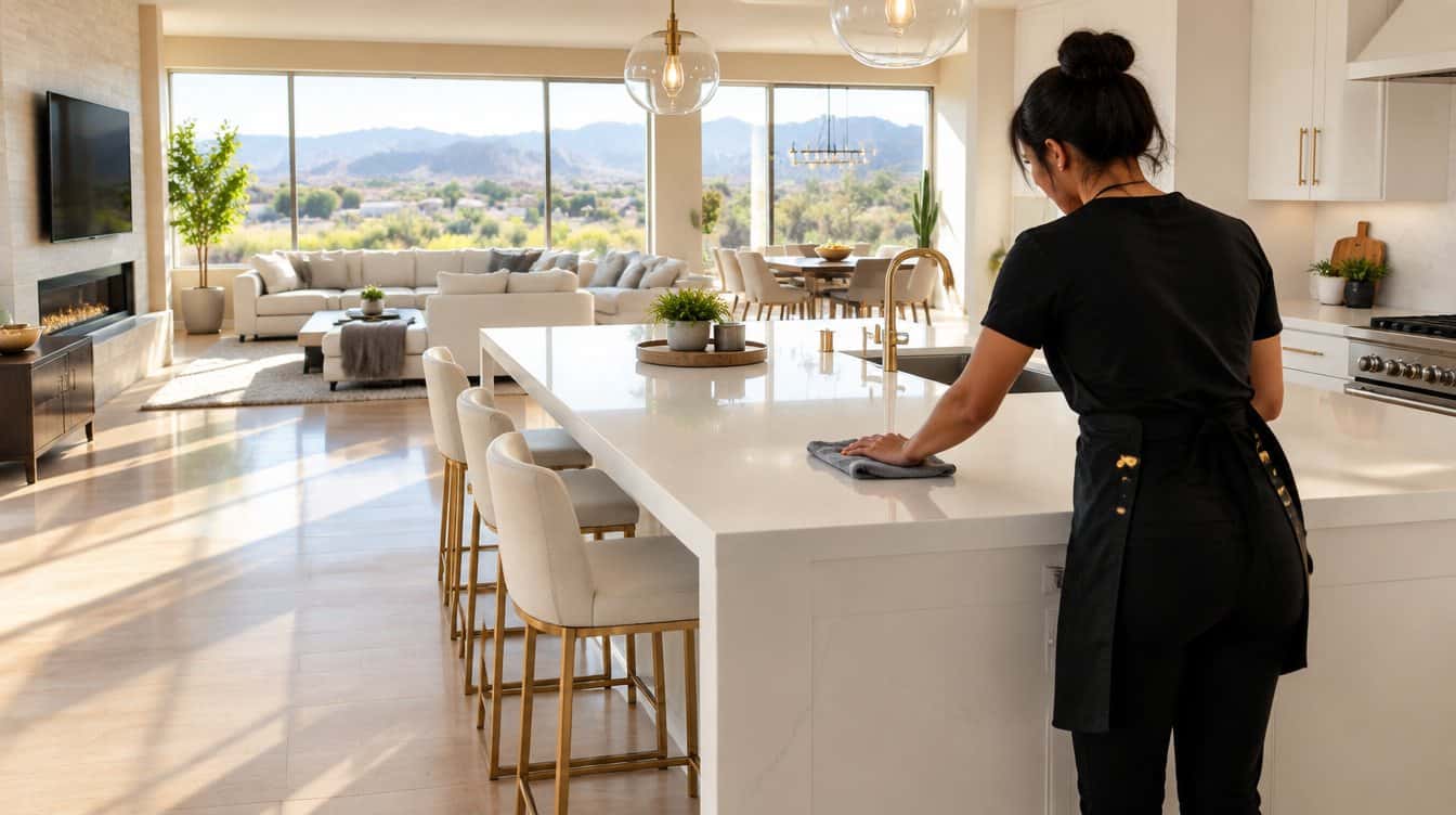 A Vital Cleaning Service cleaner wiping a bright Henderson kitchen island