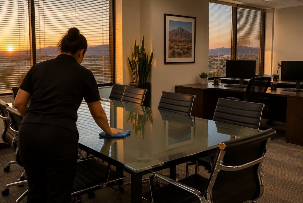 Cleaner wiping a glass conference table in a small Henderson office suite after hours
