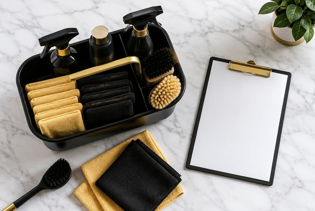 Black and gold cleaning caddy with supplies and a checklist on marble
